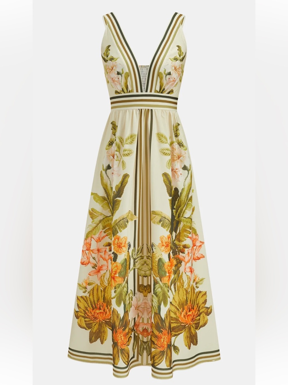 Commense Tropical Floral Print Deep V-Neck Maxi Dress
